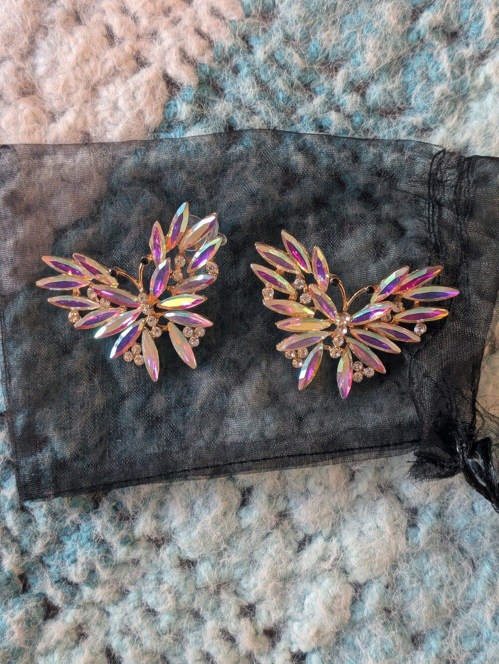 Iridescent Crystal Butterfly  Earrings - Pink Gold Accent